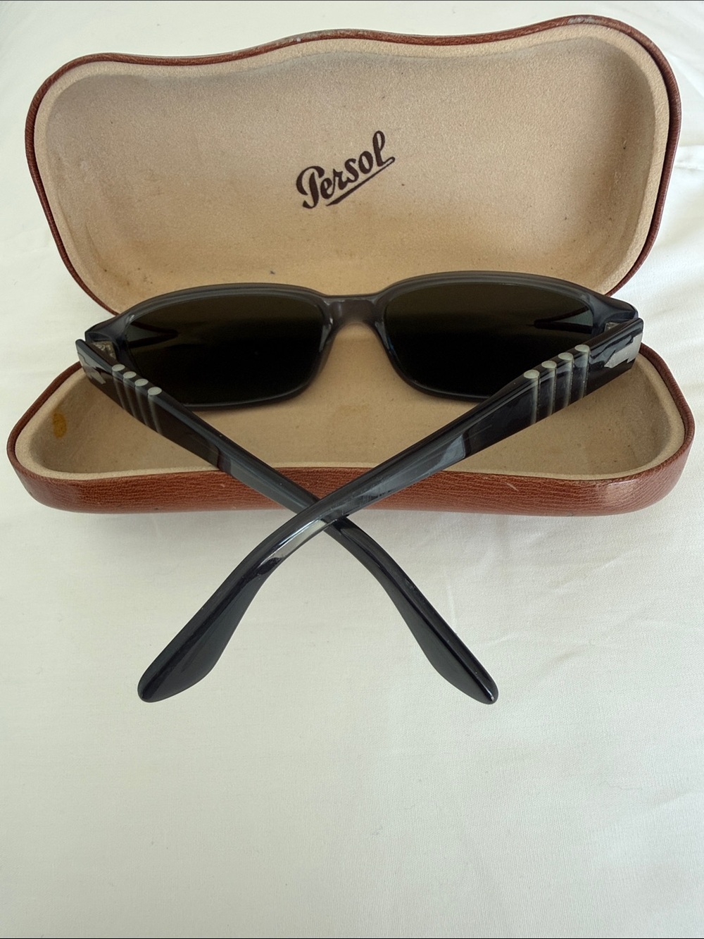 Persol Dark Grey Rectangular Sunglasses with Dark Green Lenses and Brown Case View 2